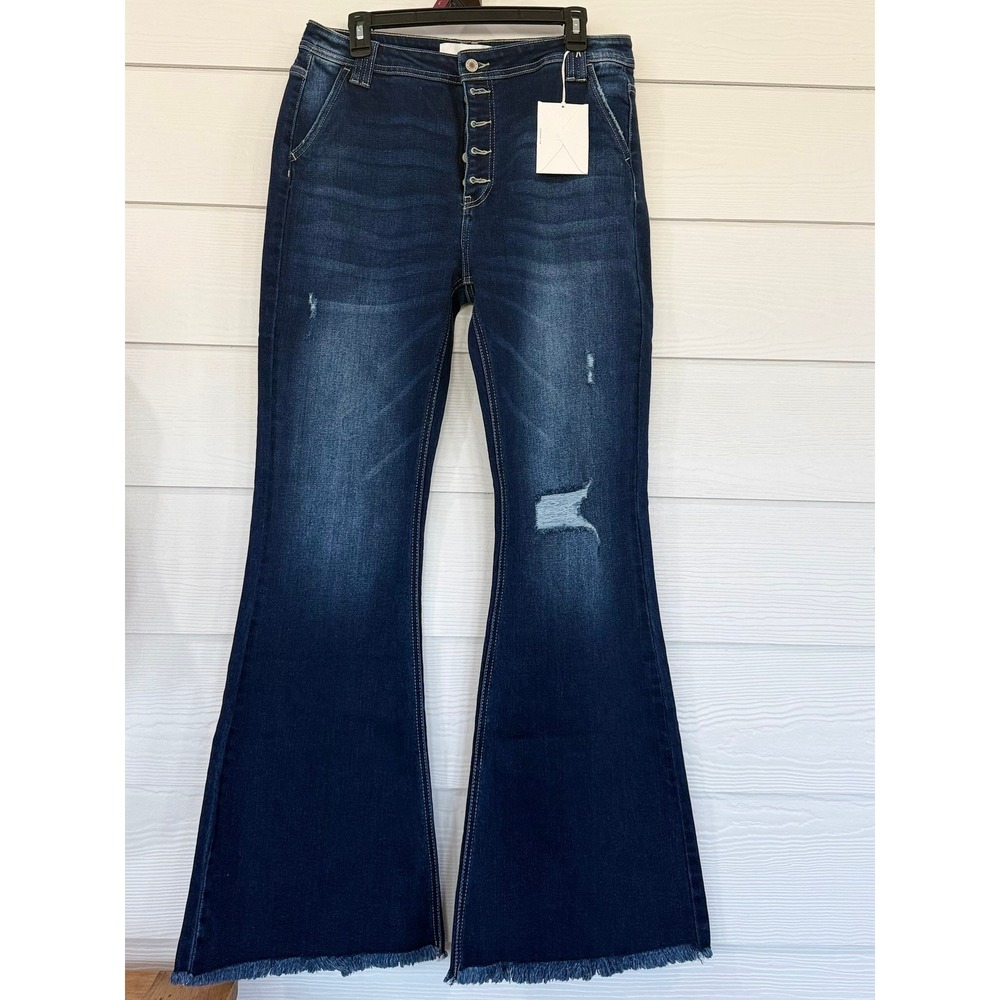 KanCan Women Dark Wash Distressed Button Fly Flare Jeans KC7345D Size 13/30